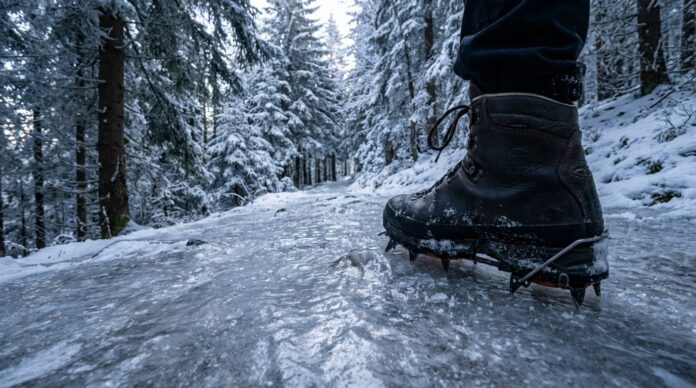 Poteca montana inghetata in muntii Harghita cu turisti echipati cu coltari trasee inghetate harghita
