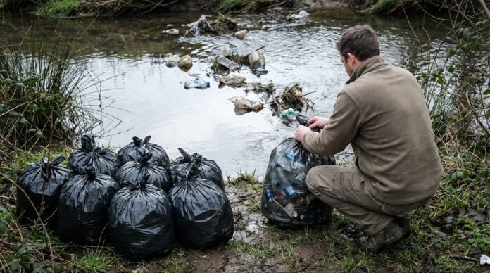 Voluntari colectand saci cu deseuri pe malul paraului Nehoiu Buzau ecologizare ecologizare paraul nehoiu