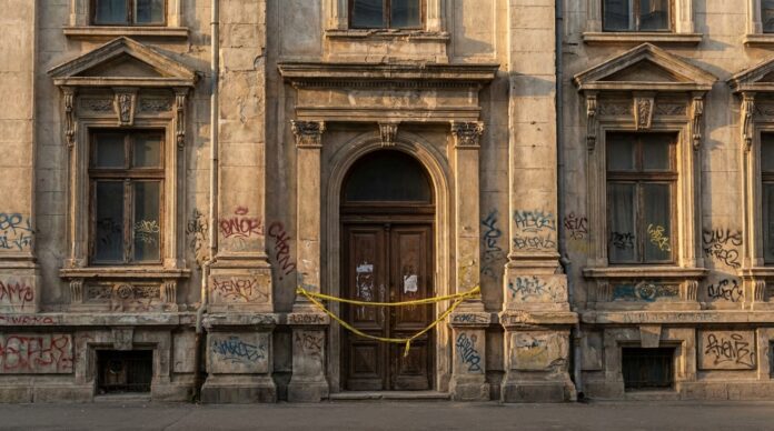 Cladire de patrimoniu din Bucuresti acoperita de graffiti si tagging vandalism graffiti patrimoniu bucuresti