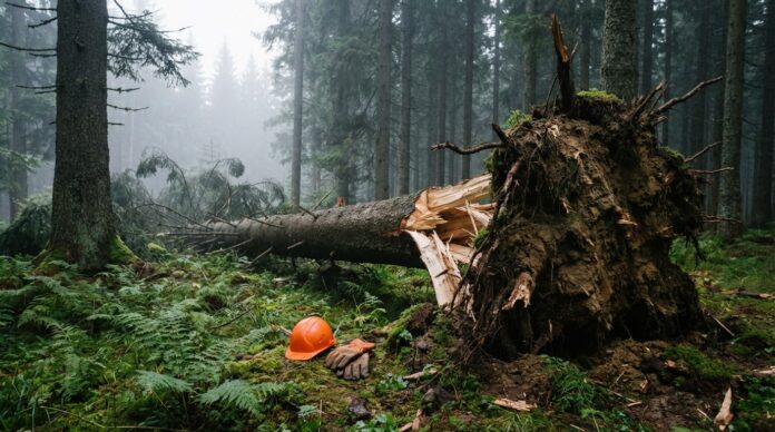 Padure montana Muntii Calimani zona Dealul Negru accident de munca forestier