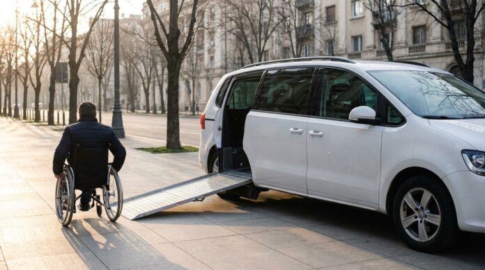 Persoana in scaun cu rotile urcand intr-un taxi adaptat transport dizabilitati Bucuresti transport adaptat dizabilitati