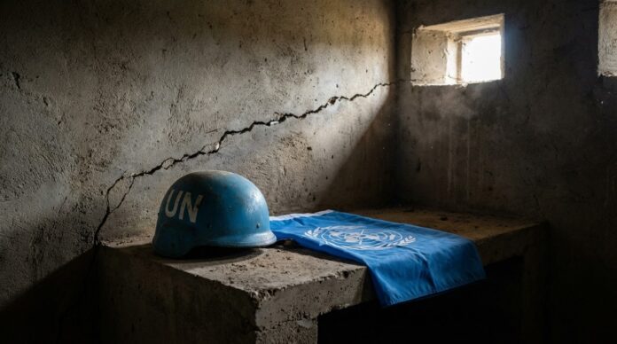 Sediul UNIFIL din Naqoura Liban cu urme de proiectil pe cladire casca albastra proiectil unifil