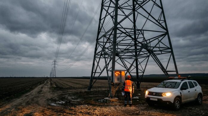 Stalpi de inalta tensiune linia electrica Isaccea Vulcanesti Moldova Romania noapte