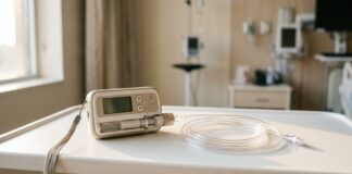 Imobilitate redusă cu 80% în câteva zile: pompa Duodopa, tratament nou pentru Parkinson la Arad Medic neurolog prezentand pompa portabila Duodopa tratament Parkinson intestin subtire Arad
