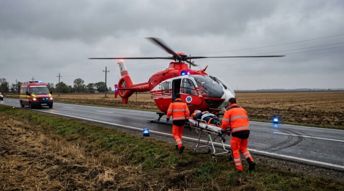 Elicopter SMURD aterizand langa drum national accident rutier politist ranit politist frontiera ranit