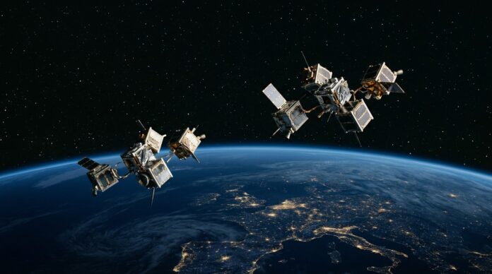 Satelit militar pe orbita terestra joasa cu steagul Germaniei si logo UE IRIS2 sateliti militari germania