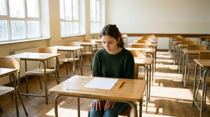 Elevi in sala de examen la simularea bacalaureatului proba scrisa