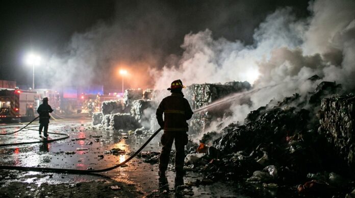 Pompieri militari stingand incendiu deseuri plastic depozit Chiscadaga Hunedoara