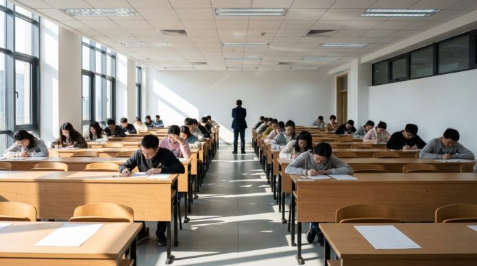 Elevi in sala de examen la simulare bacalaureat scriere proba profil