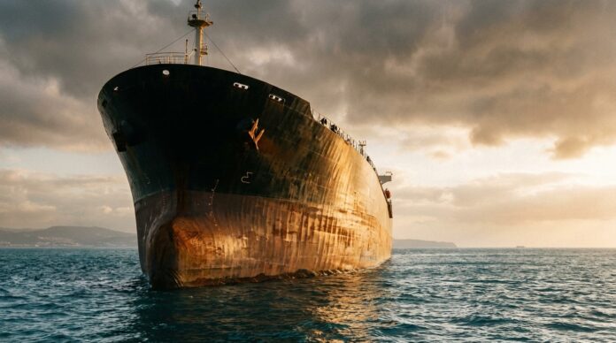 Nava petroliera traversand stramtoarea Ormuz cu pavilion iranian in fundal