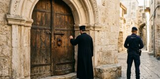 Pentru prima dată de secole: Cardinalul Pizzaballa, oprit să intre la Sfântul Mormânt Cardinalul Pizzaballa in fata Bisericii Sfantului Mormant Ierusalim politie israeliana pizzaballa ierusalim