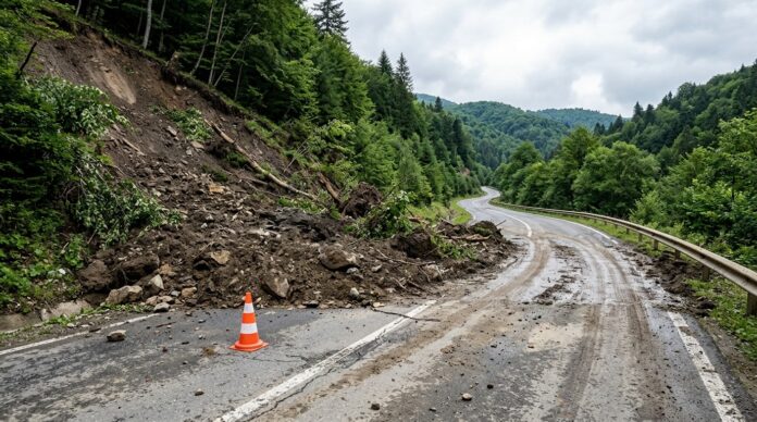 Drum judetean afectat de alunecare de teren zona Paltin Vrancea masini circuland pe o banda