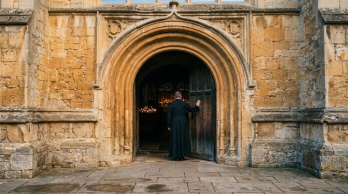 Intrarea in Biserica Sfantului Mormant din Ierusalim cu pelerini crestini in fata