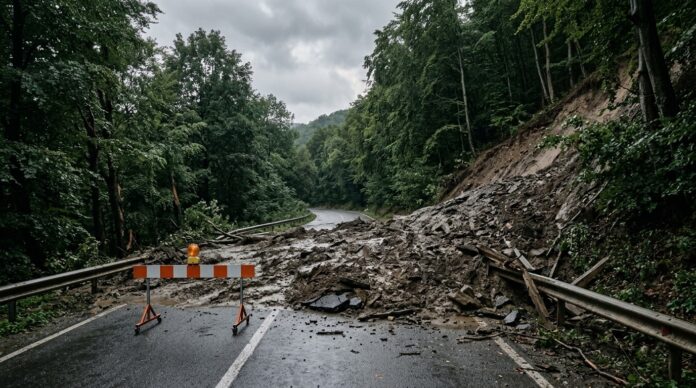 Drum turistic blocat de alunecare de teren Monteoru Leiculesti Buzau