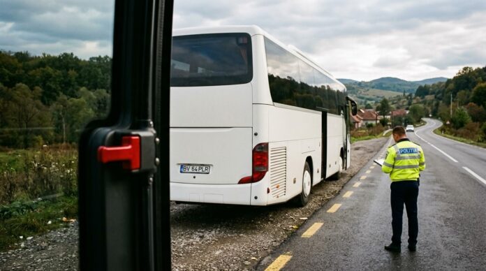 Autocar oprit pe marginea drumului national DN 15A zona Herina Bistrita echipaj SMURD adolescenta cazuta autocar