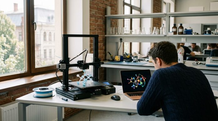 Cercetator UAIC Iasi prezentand modele moleculare 3D imprimate la imprimanta