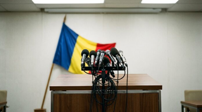 Ilie Bolojan, presedintele interimar al Romaniei, sustine un discurs in aer liber la microfon. Costum bleumarin, cravata visinie. Fundal cu cladire monumentala cu arcada. Atmosfera solemna, ceremonial