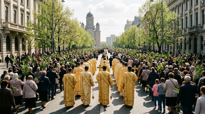 Procesiune pelerinaj de florii Bucuresti Catedrala Nationala credinciosi ramuri salcie