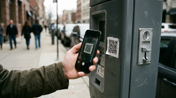 Parcomentru stradal cu sticker cod QR fals lipit zona Unirii Bucuresti coduri qr false