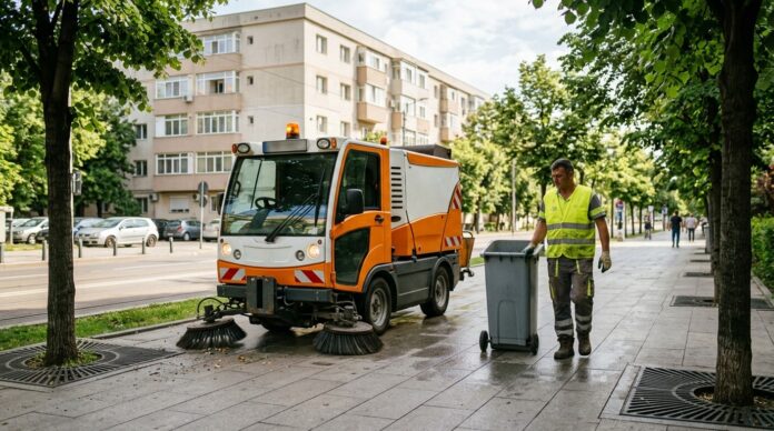 Masina de salubrizare pe strada din Sectorul 1 Bucuresti curatenie stradala salubrizare sector 1