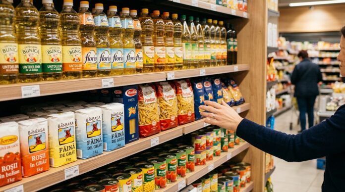 Raft supermarket cu produse de baza paine oua ulei carne plafonare adaos comercial plafonarea adaosului comercial rata anuala inflatie INS aprilie crestere preturi energie electrica