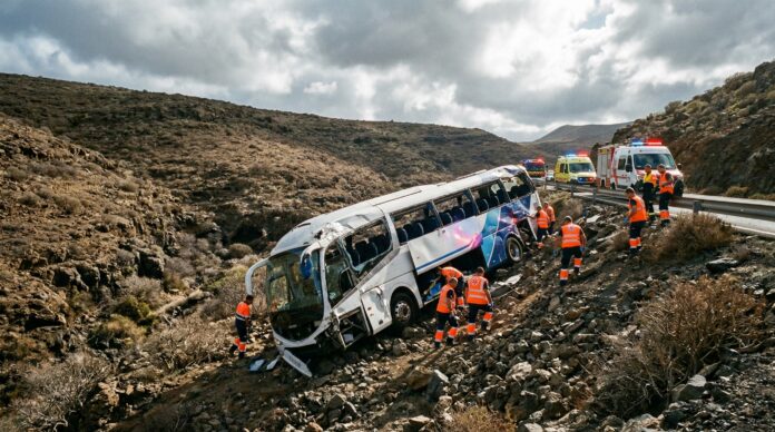 Autocar rasturnat pe versantul unui munte insula La Gomera accident rutier accident autocar