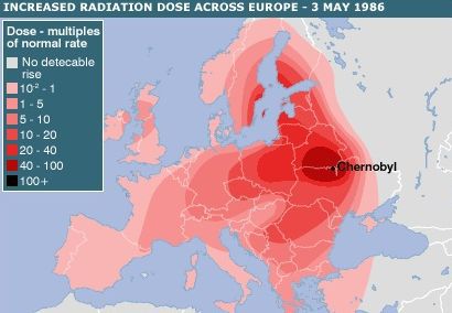 Hartă a norului radioactiv de la Cernobîl în Europa