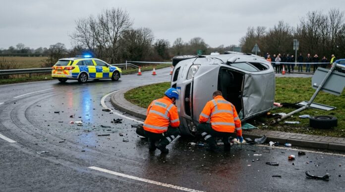 Masina rasturnata pe DN7 Dambovita langa sens giratoriu echipaje smurd accident dn7 dambovita
