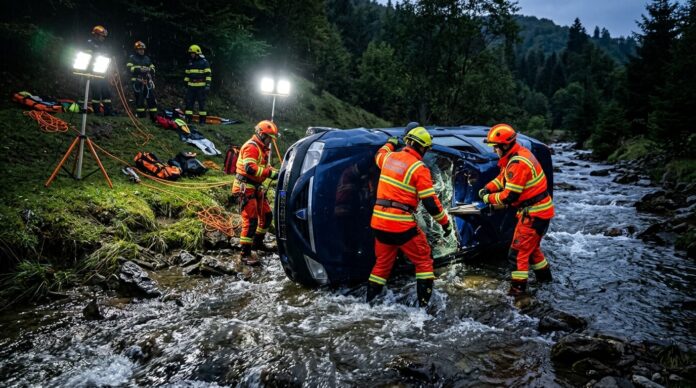 Pompieri extragand barbat prins sub autoturism rasturnat in albia unui parau