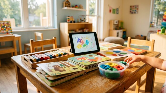 Copii prescolari in sala de clasa cu materiale didactice gratuite jucarii caiete materiale gratuite prescolari