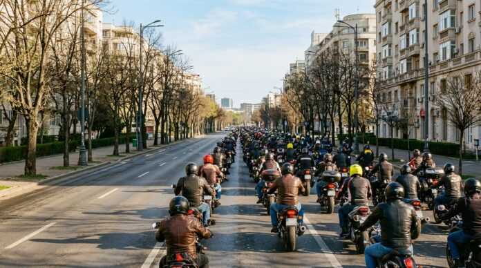 Coloana de motociclete pe Bulevardul Unirii Bucuresti mars de primavara mars motociclete bucuresti