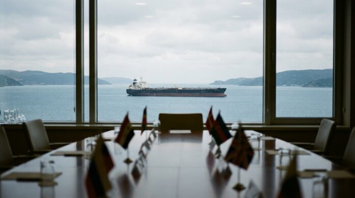 Nava petroliera in stramtoarea Ormuz cu nave militare in fundal Golf Iran