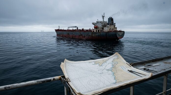 Nava comerciala traversand stramtoarea Ormuz cu pavilion rus in fundal