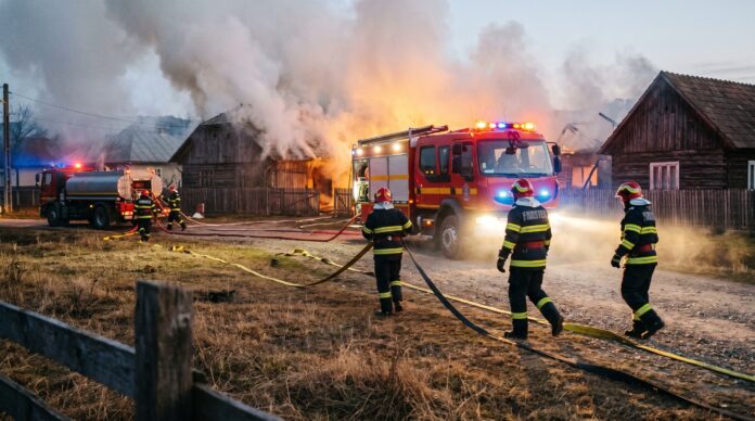 Pompieri cu autospeciale de stingere la incendiu case din lemn Rucareni Vrancea incendiu rucareni