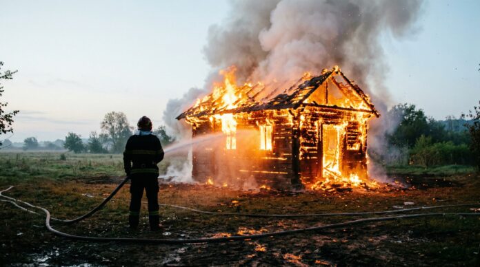 Pompieri intervenind la stingerea incendiului paraclis lemn Sacalaz Timis incendiu sacalaz