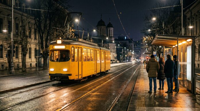 Tramvai STB linia 41 circuland noaptea pe strazile din Bucuresti de Paste linii noapte stb