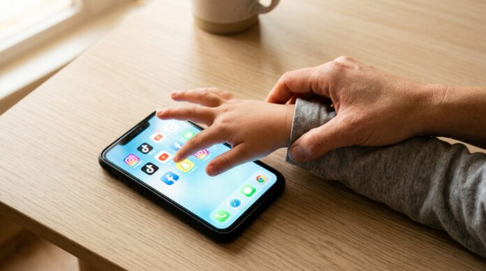 Copil folosind telefonul mobil retele sociale minori interzise Grecia