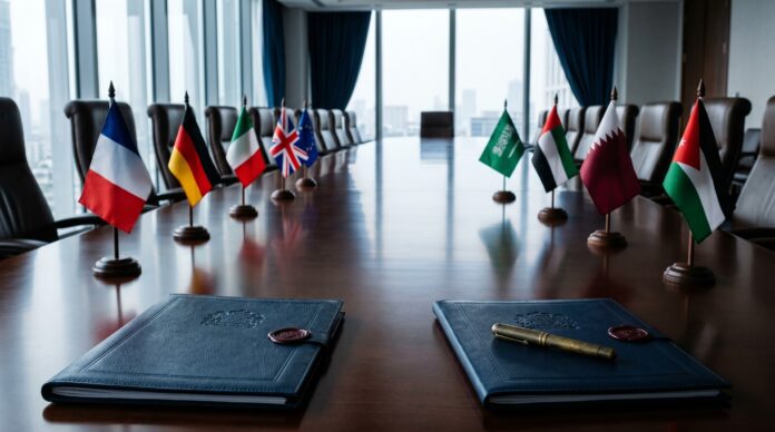 Nava comerciala traversand stramtoarea Ormuz cu escorta militara in fundal