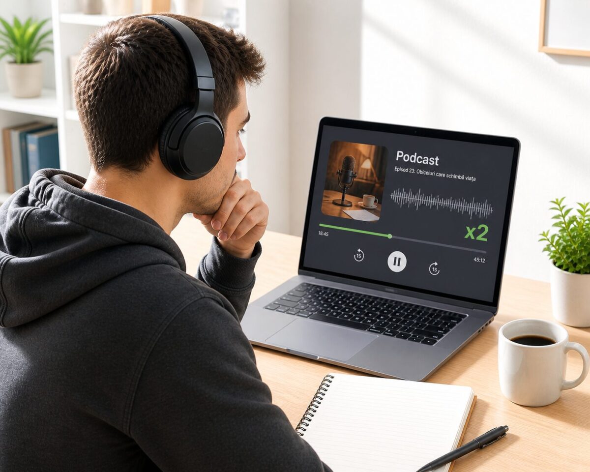Aplicație de podcast cu viteză 2x pe ecran