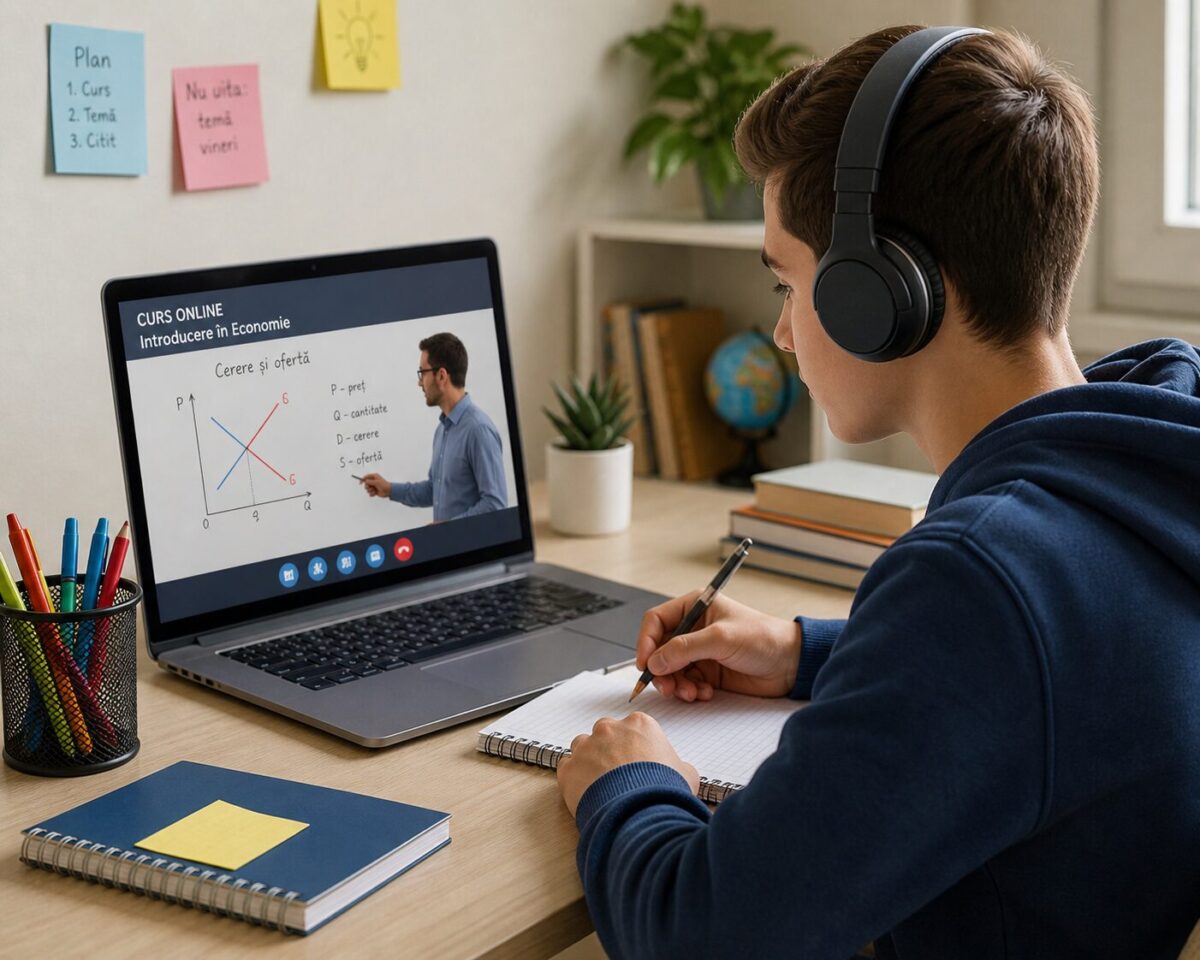 Student care urmărește curs online la laptop cu căști