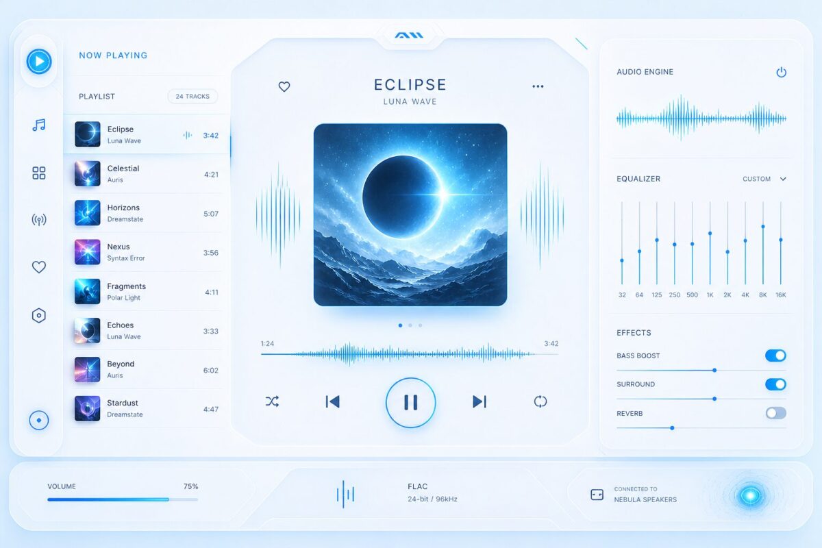 Interfață futuristă de player audio cu inteligență artificială